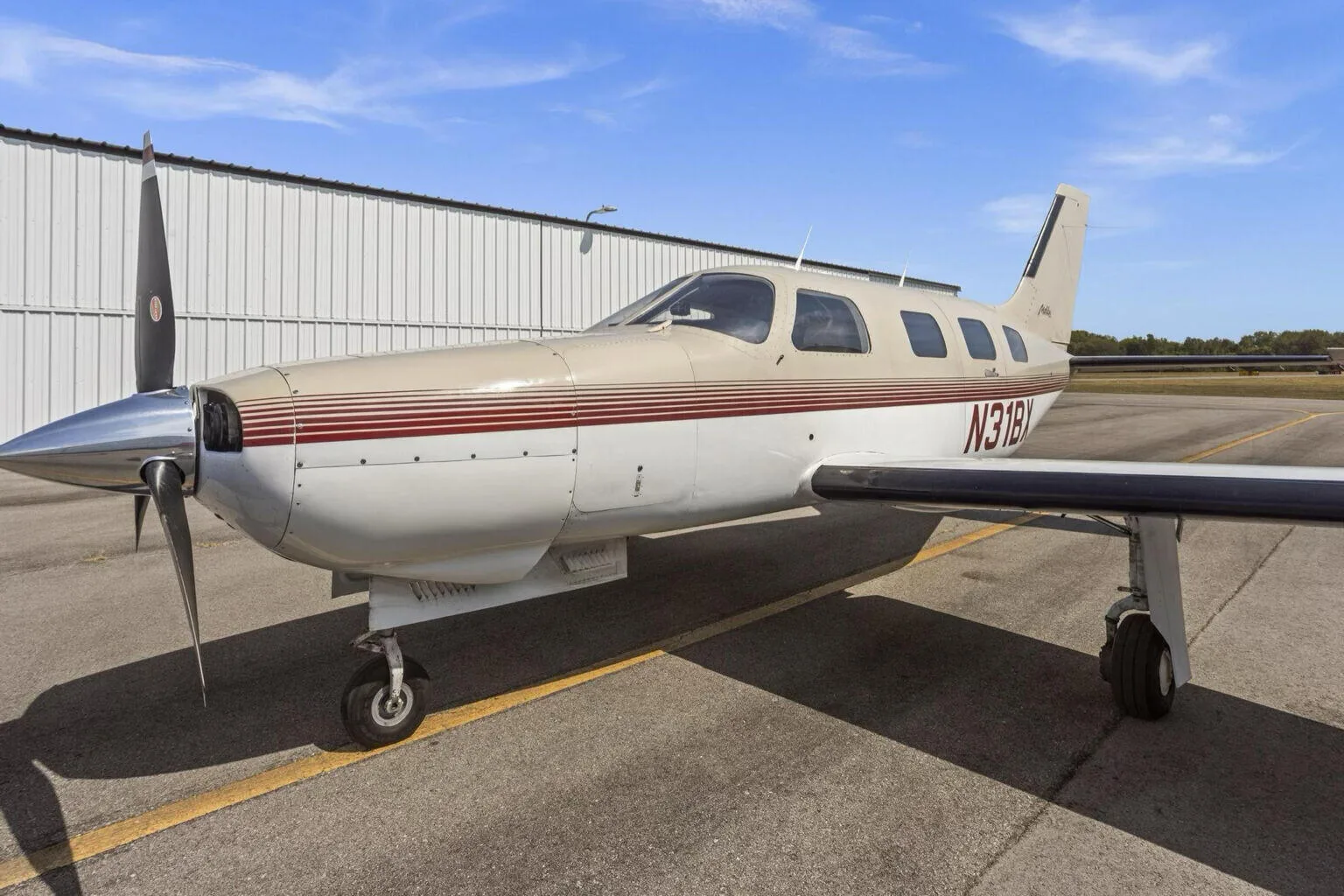Exterior view of a 1986 Piper Malibu Mirage.