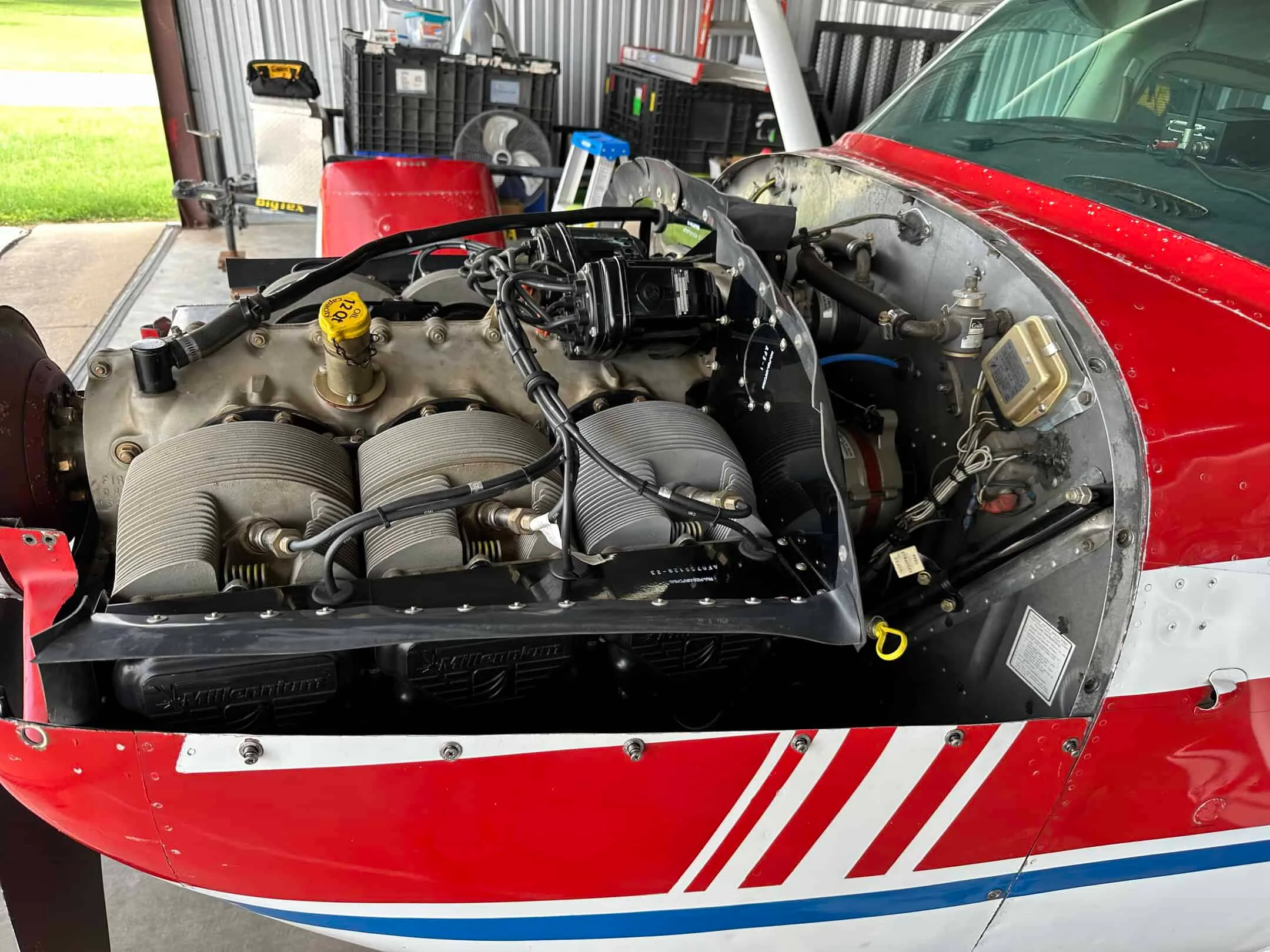 Engine detail of a 1969 Cessna 182N.