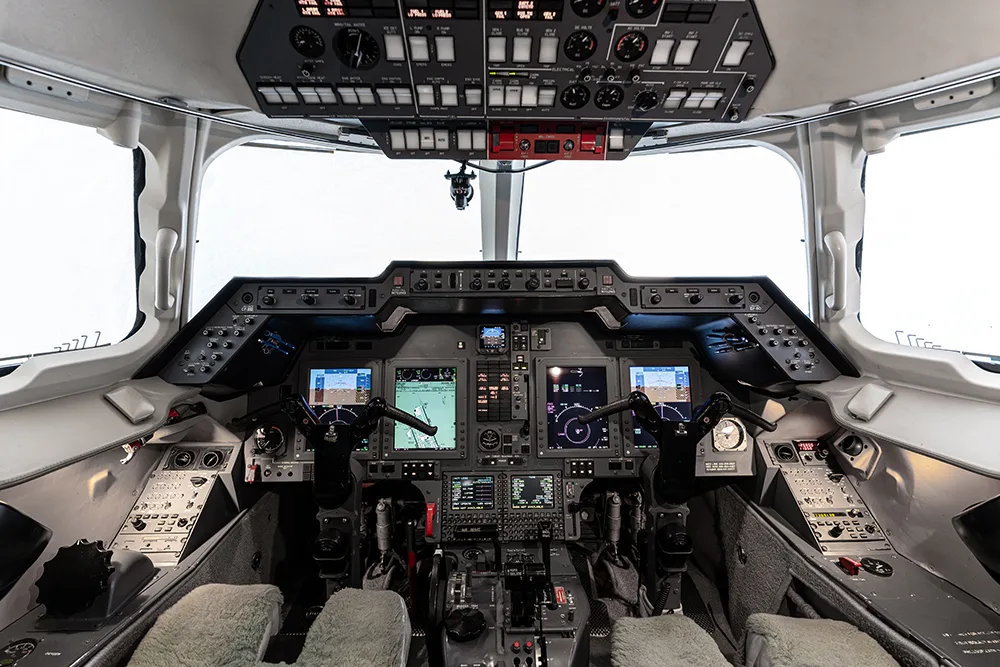 Cockpit and instrument panel of a 2009 Hawker 750.