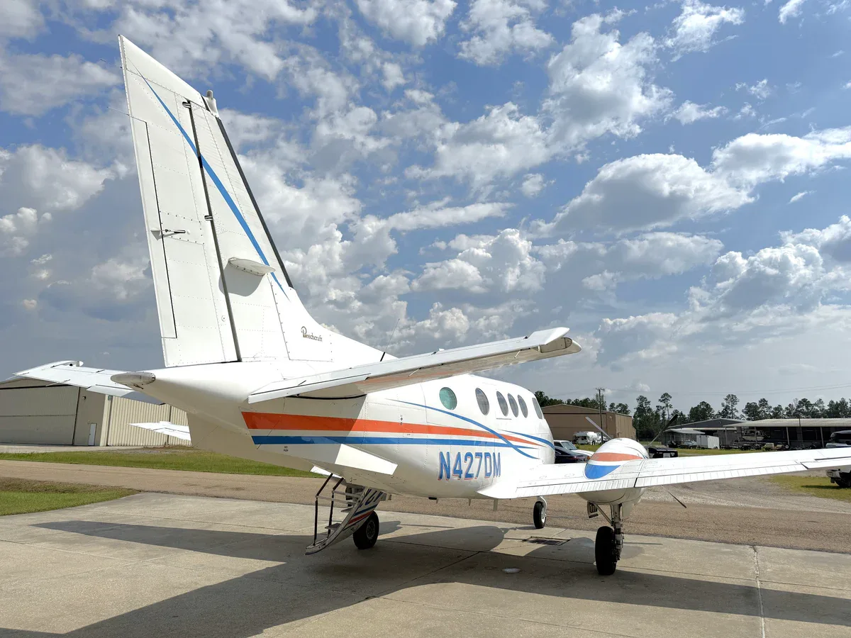 Exterior view of a 1979 Beechcraft King Air C90 SN, N427DM.