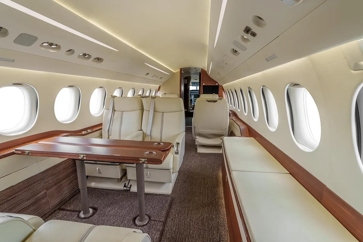 Cabin interior of a 2014 Dassault Falcon 7X.