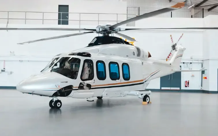 Exterior view of a 2015 Leonardo AW139, G-LXRY.