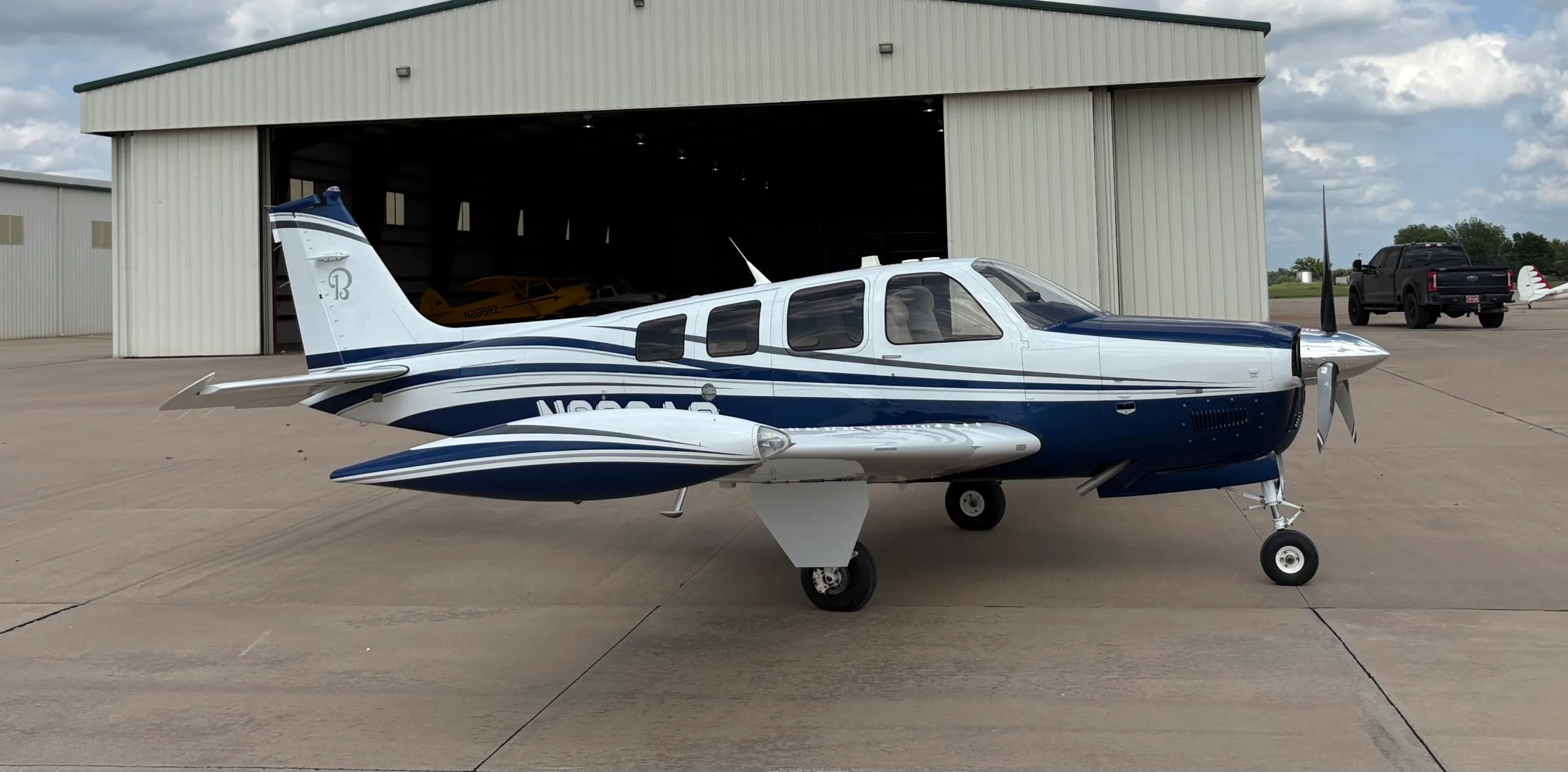 Exterior view of a 1974 Beechcraft B55 Baron, N1159T.