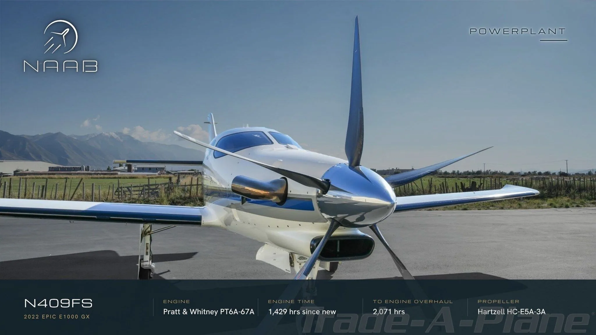 Exterior view of a 2022 EPIC E1000, N409FS.