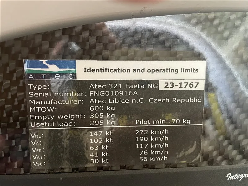 Specification or layout diagram for a 2016 Atec 321 Faeta NG.