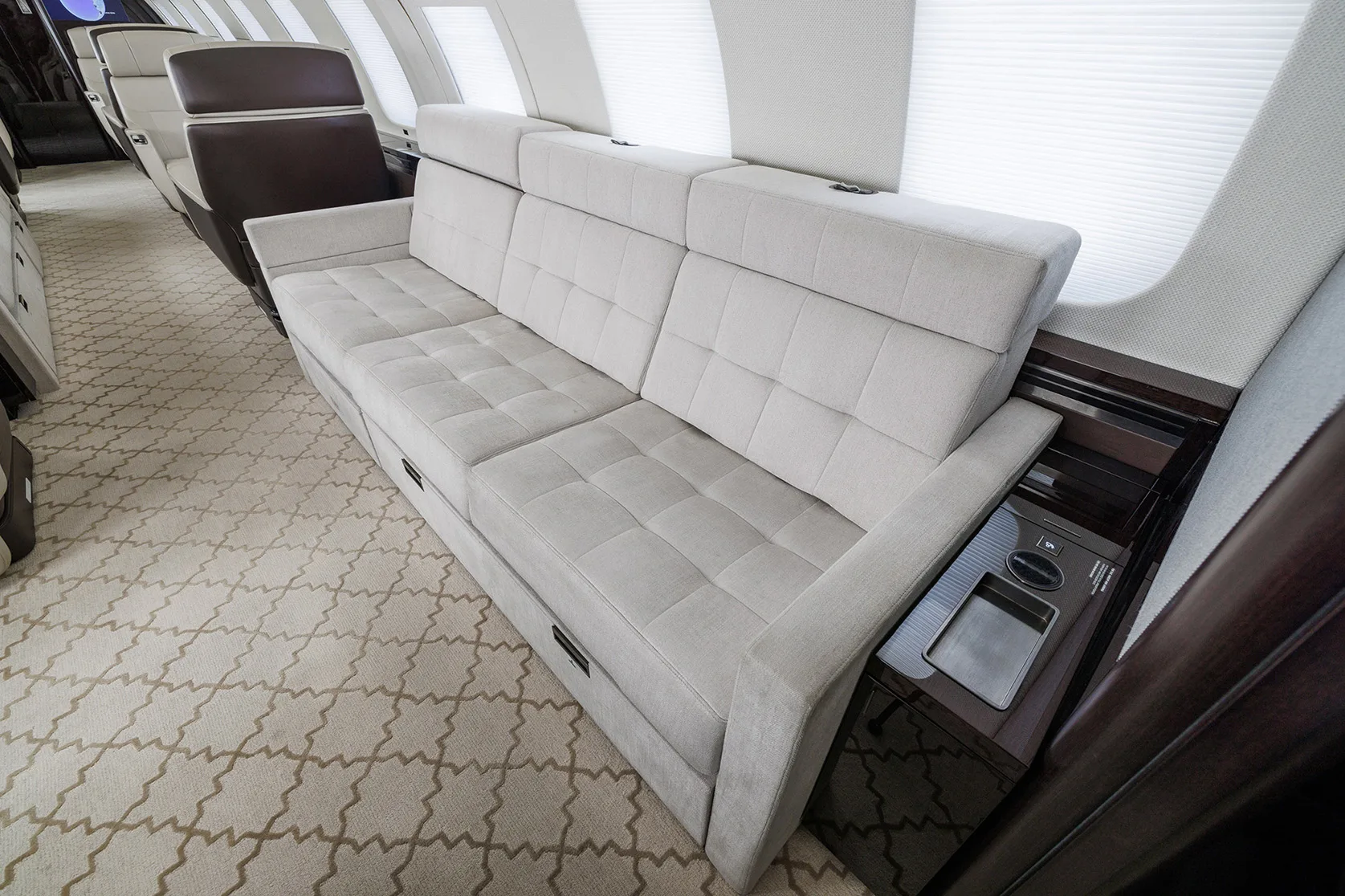 Cabin interior of a 2019 Bombardier global 7500.