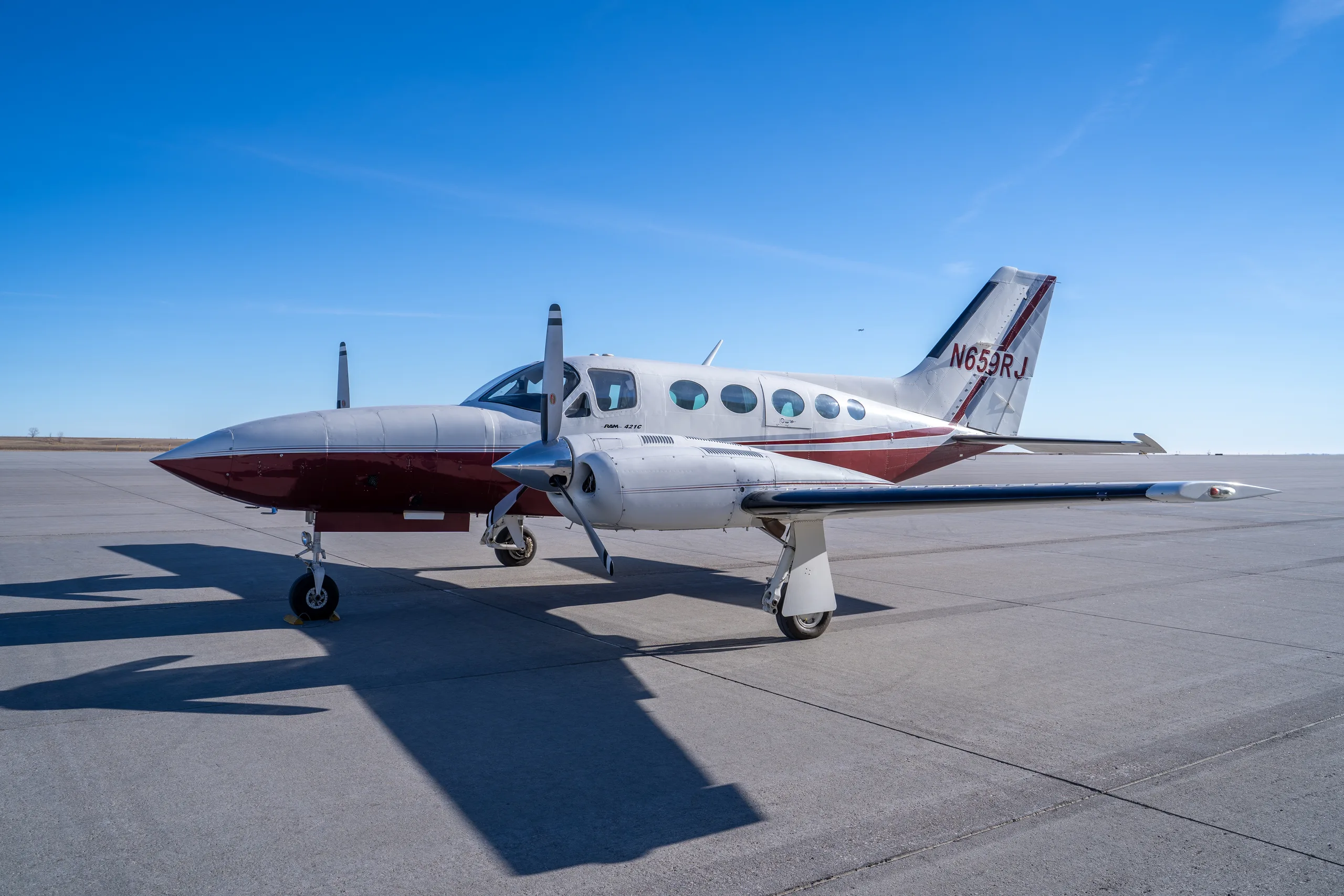 Exterior view of a 1984 Cessna 421C SN 1408, N659RJ.