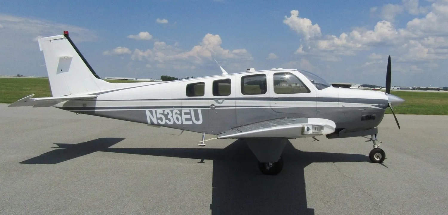 Exterior view of a 1984 Beech Piston A36, G-POPA.