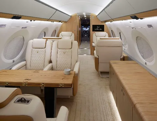 Cabin interior of a 2022 Gulfstream G650.