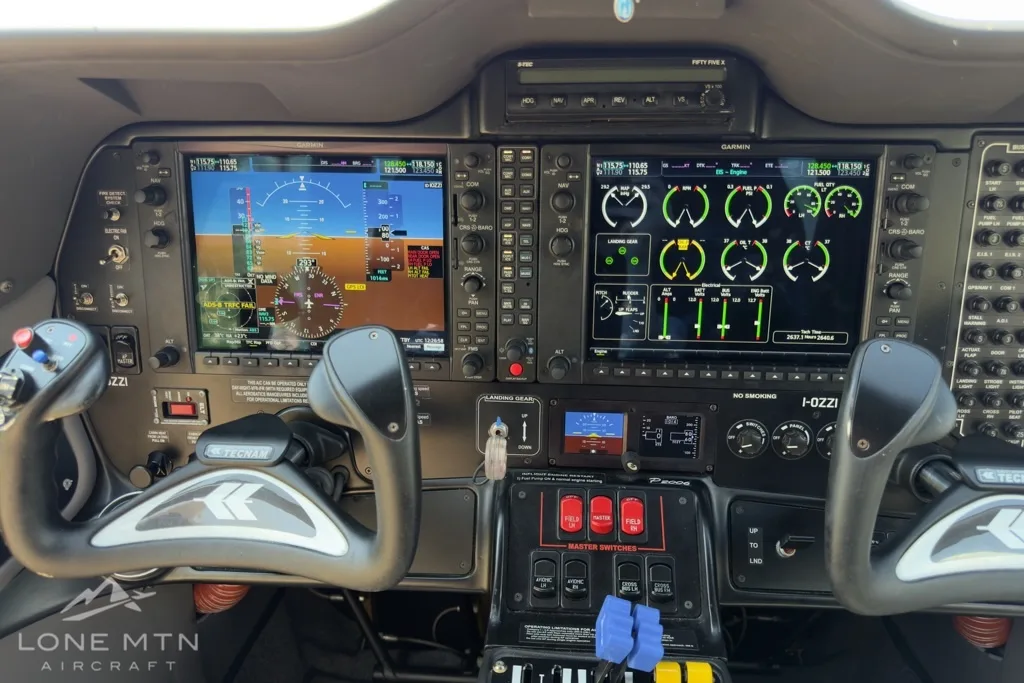 Cockpit and instrument panel of a 2021 Tecnam P2006T.