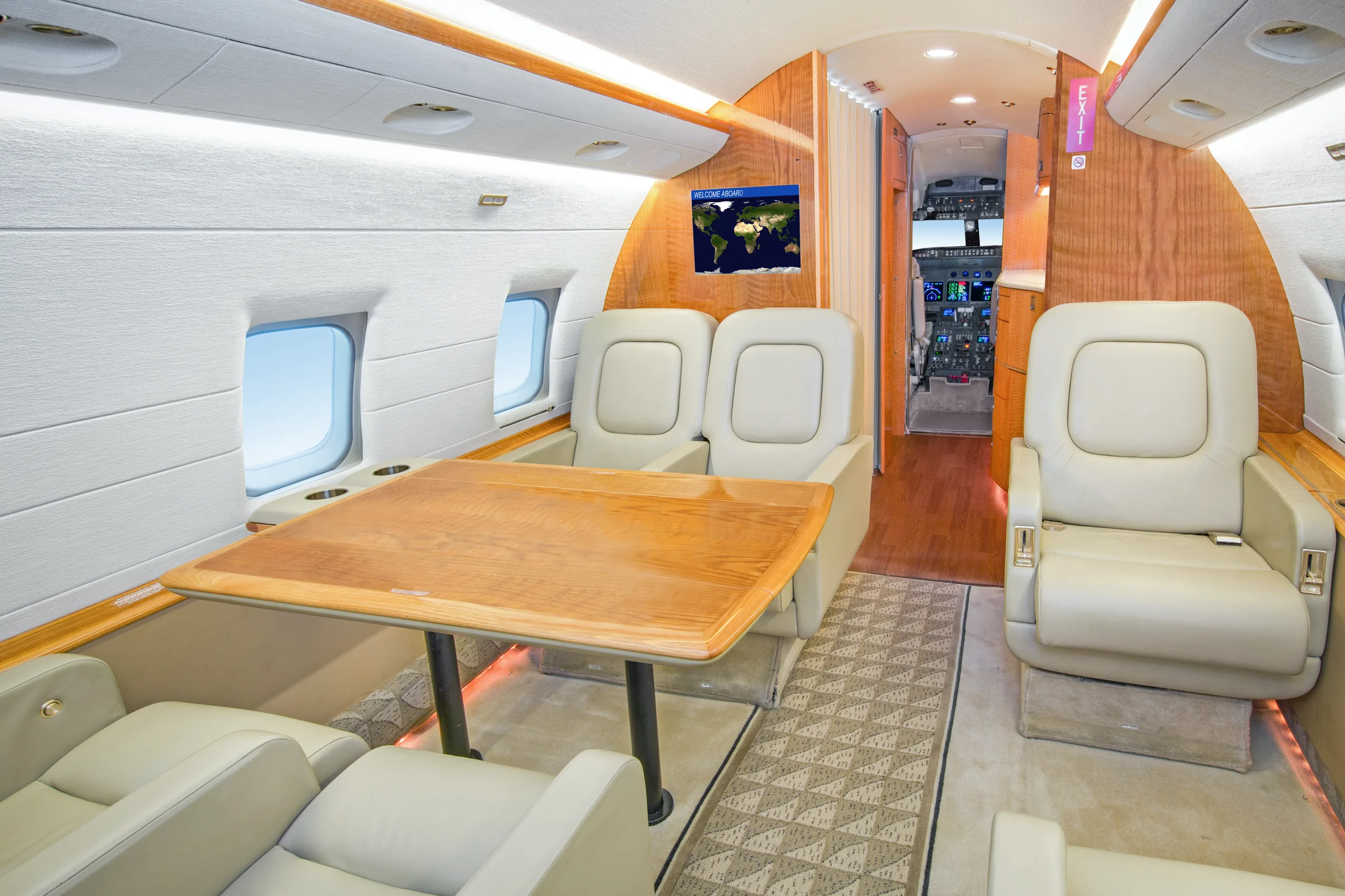 Cabin interior of a 1998 Bombardier Canadair Challenger 604.