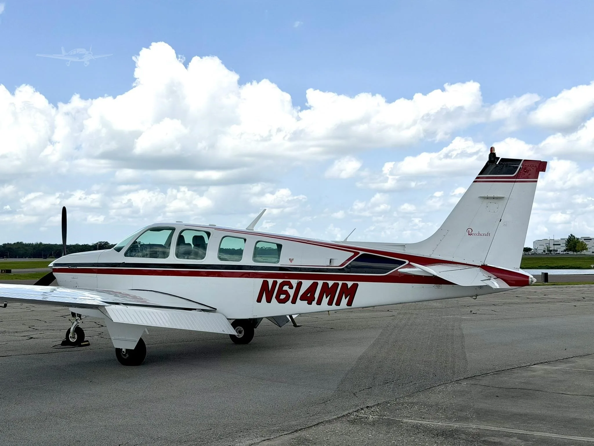 Exterior view of a 1980 BEECHCRAFT A36 BONANZA, N614MM.