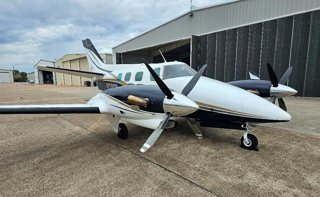 Exterior view of a 1979 Beechcraft B60 Duke Turboprop.