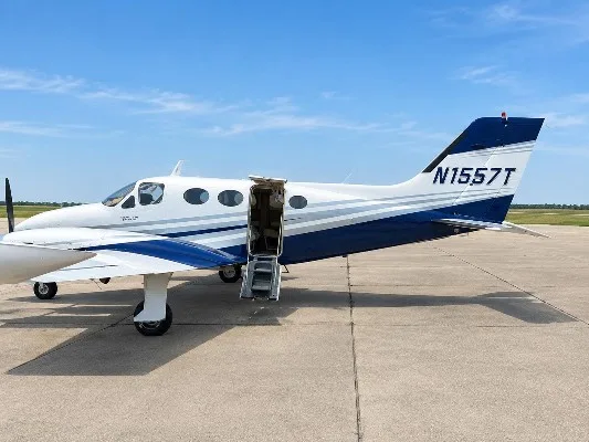 Exterior view of a 1970 Cessna 414, N1557T.