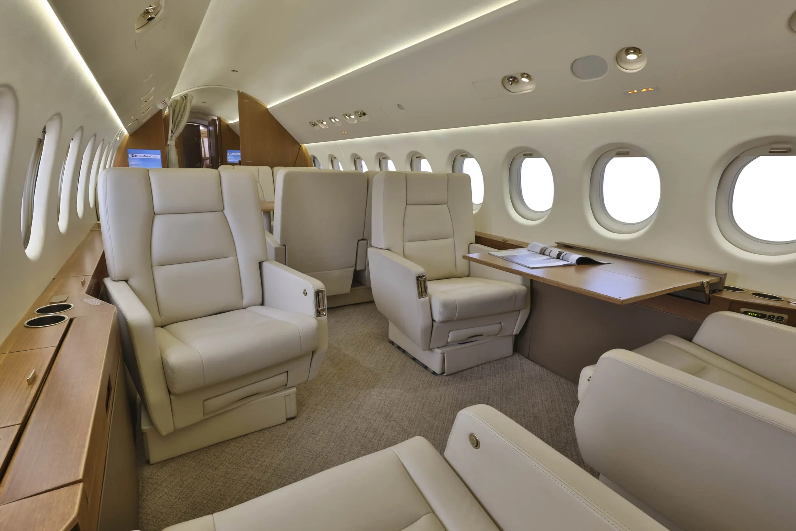 Cabin interior of a 1988 Dassault Falcon 900B.