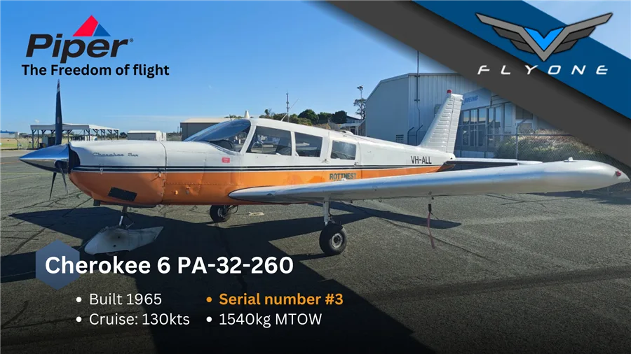 Exterior view of a 1965 Piper Cherokee 6, VH-ALL.