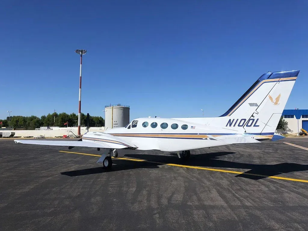 Exterior view of a 1977 Cessna 421C, N100L.