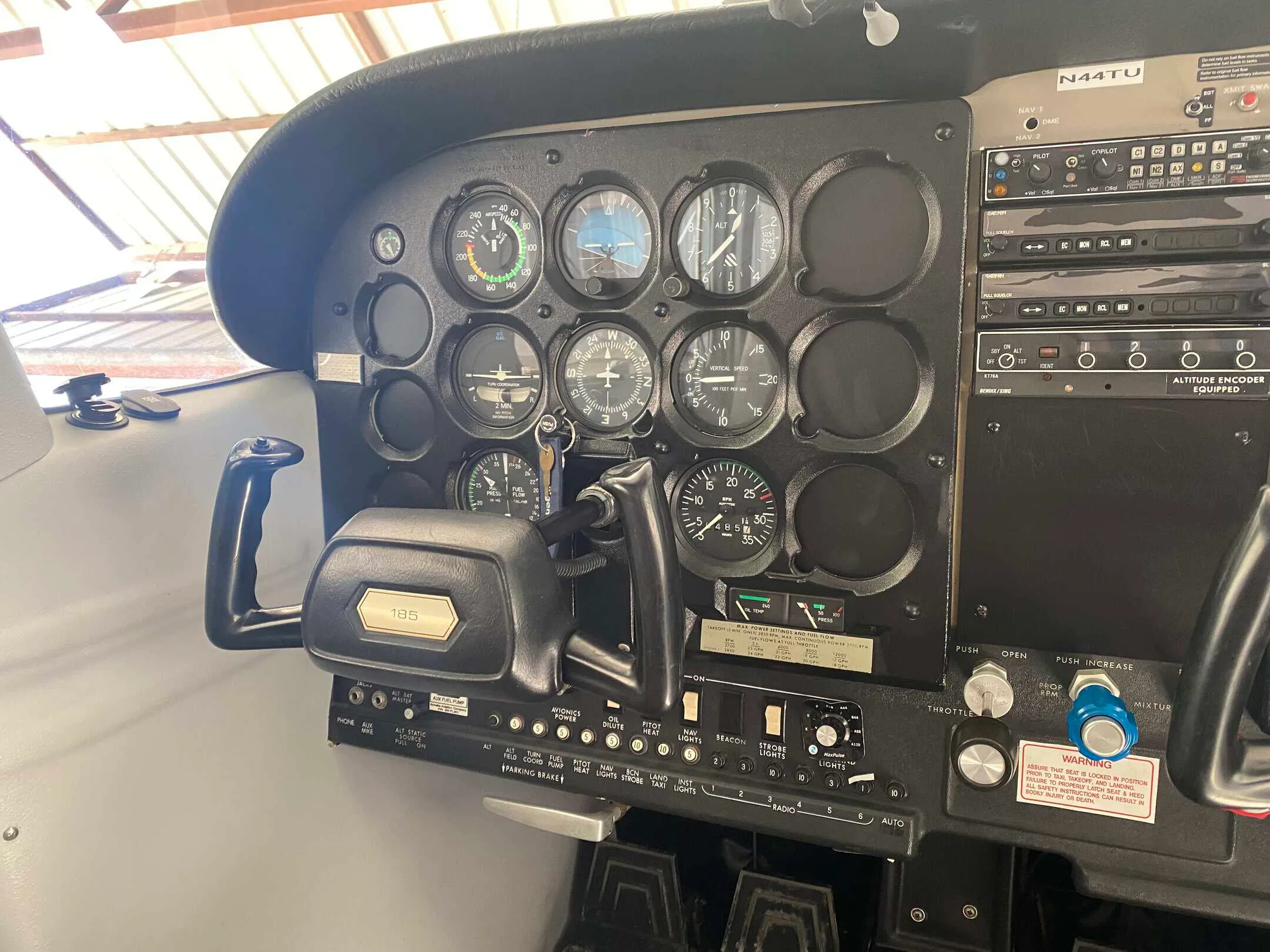 Cockpit and instrument panel of a 1978 Cessna A185F.