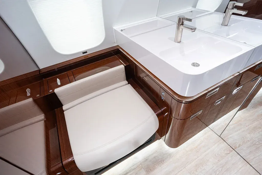 Cabin interior of a 2020 Bombardier Global 7500.