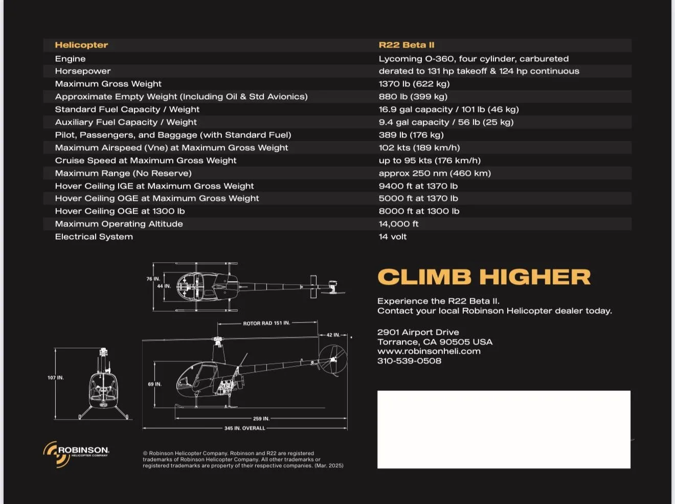 Specification or layout diagram for a 2025 ROBINSON R22 BETA II.