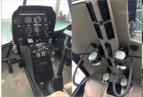 Cockpit and instrument panel of a 2015 ROBINSON R44 RAVEN II.