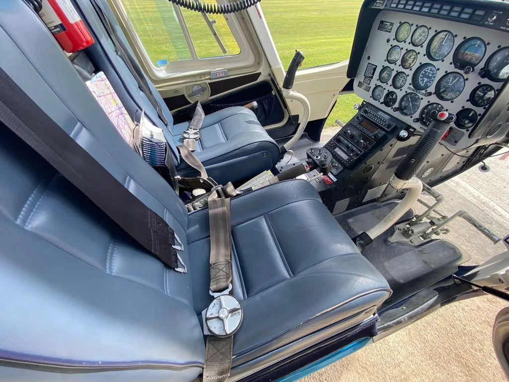 Cockpit and instrument panel of a 1980 Bell 206B-3 JetRanger.