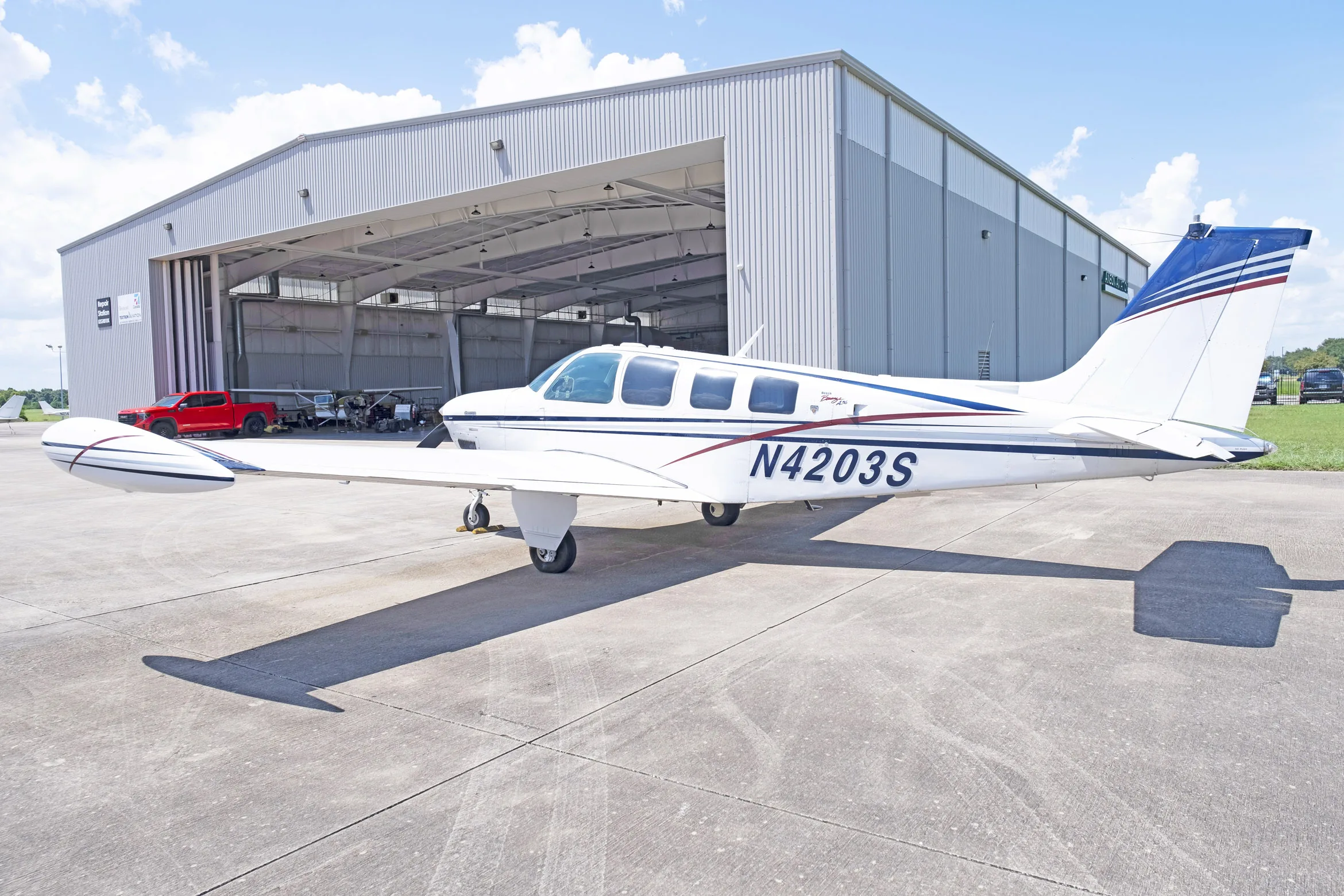 Exterior view of a 1977 Beech A36, N4203S.