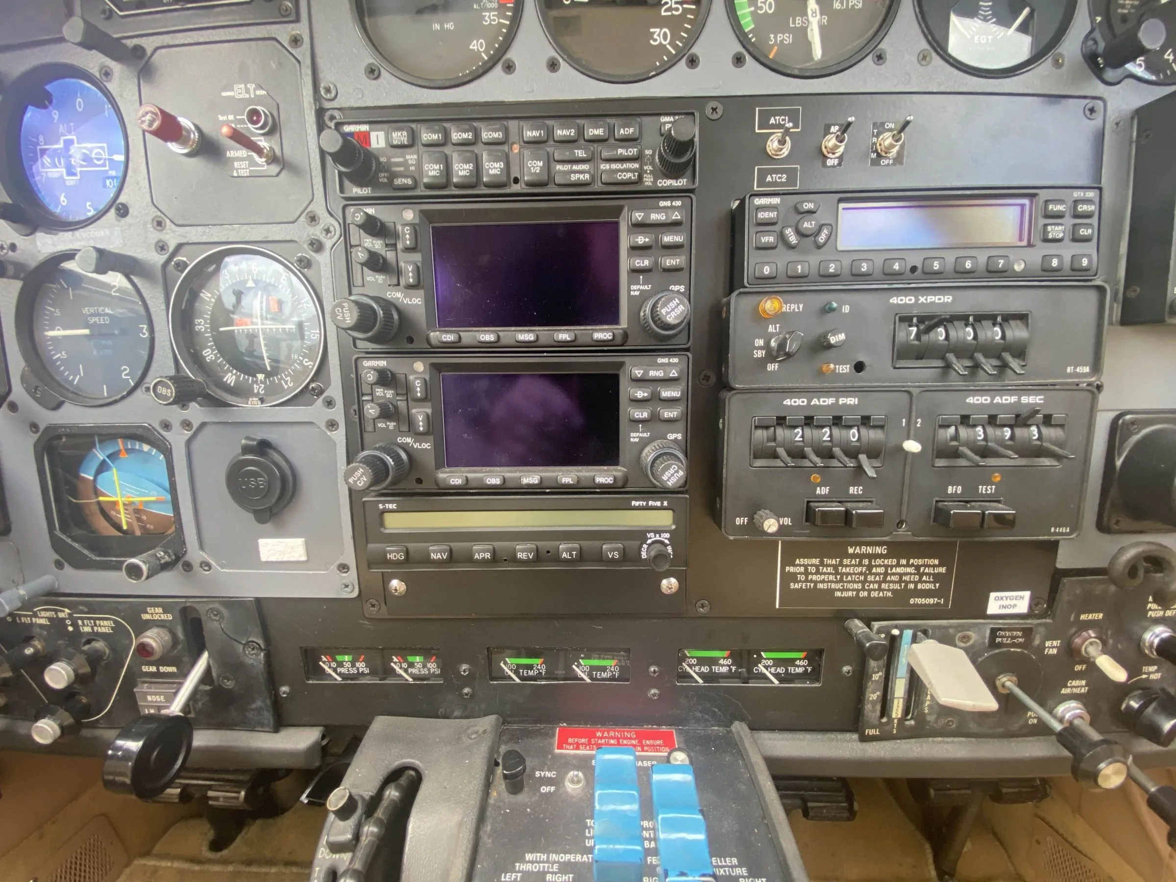 Cockpit and instrument panel of a 1982 Cessna T303 Crusader.