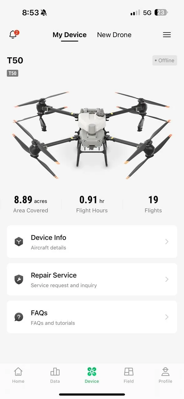 Exterior view of a 2025 DJI AGRAS T50.