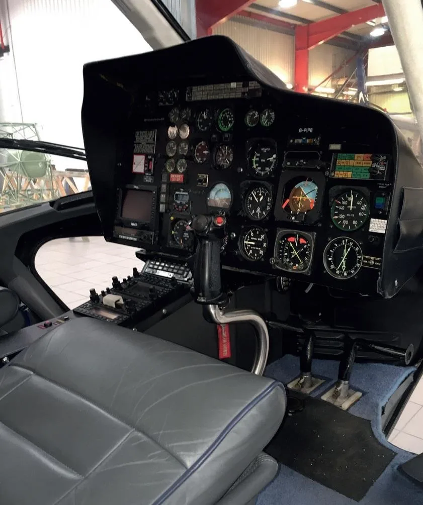 Cockpit and instrument panel of a 1983 EUROCOPTER AS355F-1.