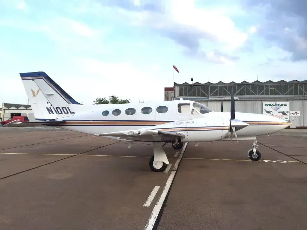 Exterior view of a 1977 Cessna 421C, N100L.