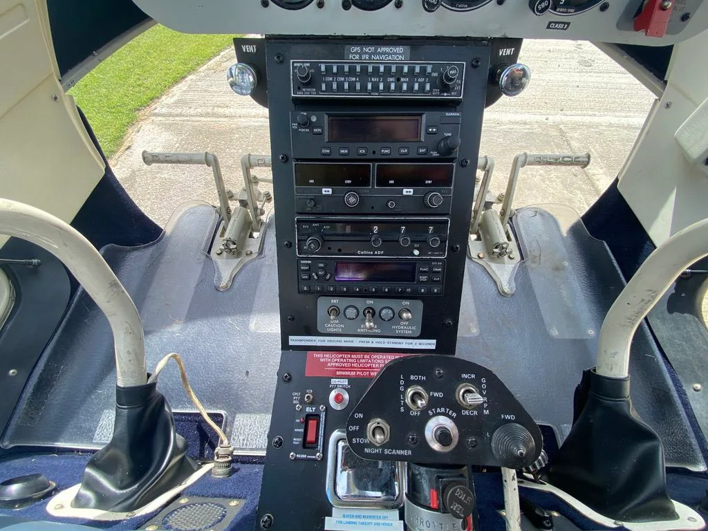 Cockpit and instrument panel of a 1980 Bell 206B-3 JetRanger.