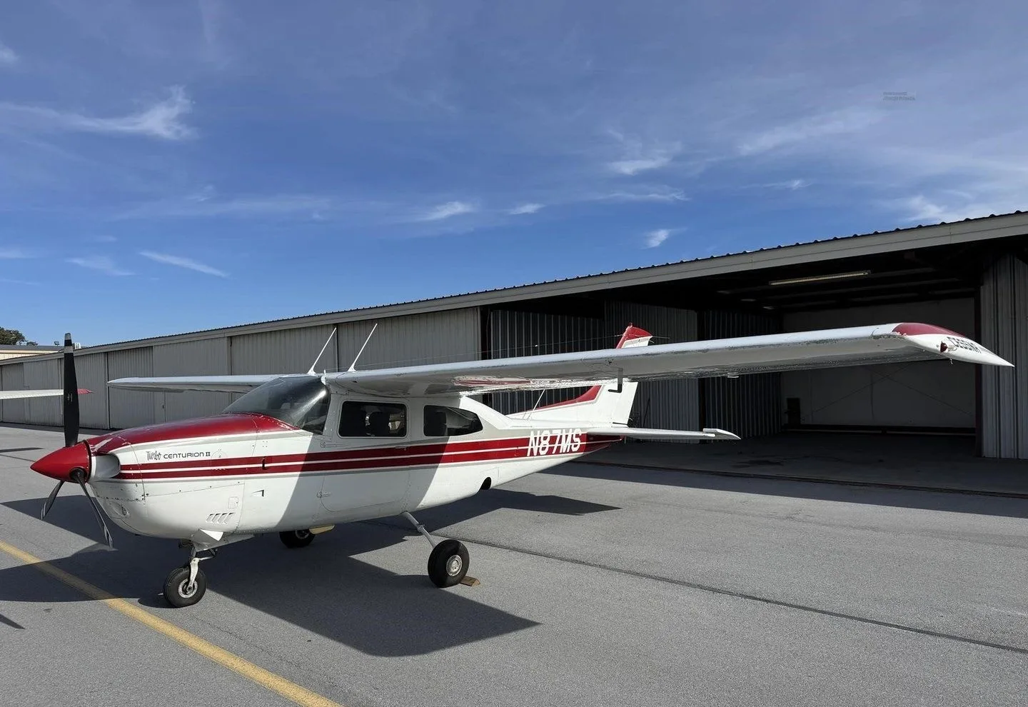 Exterior view of a 1977 Cessna T210 Centurion.