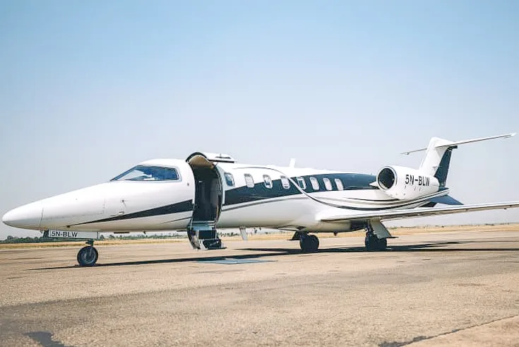 Exterior view of a 2008 Bombardier learjet 45xr, 5N-BLW.