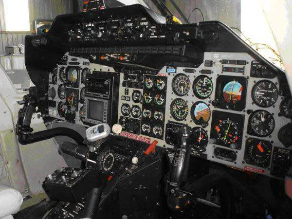 Cockpit and instrument panel of a 1981 Bell 222A.