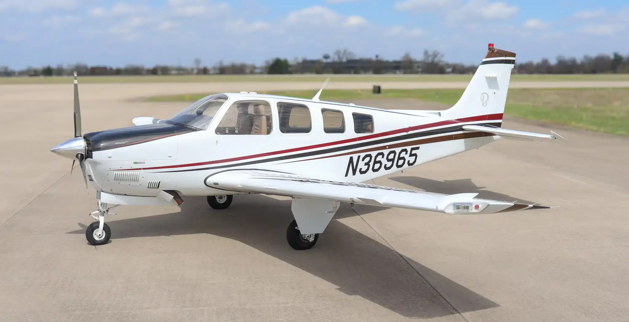 Exterior view of a 1980 Beechcraft Bonanza A36TC, N3807X.