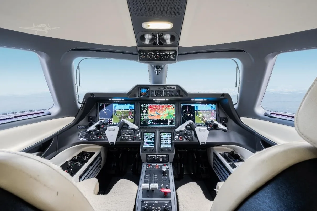 Cockpit and instrument panel of a 2016 EMBRAER PHENOM 300.