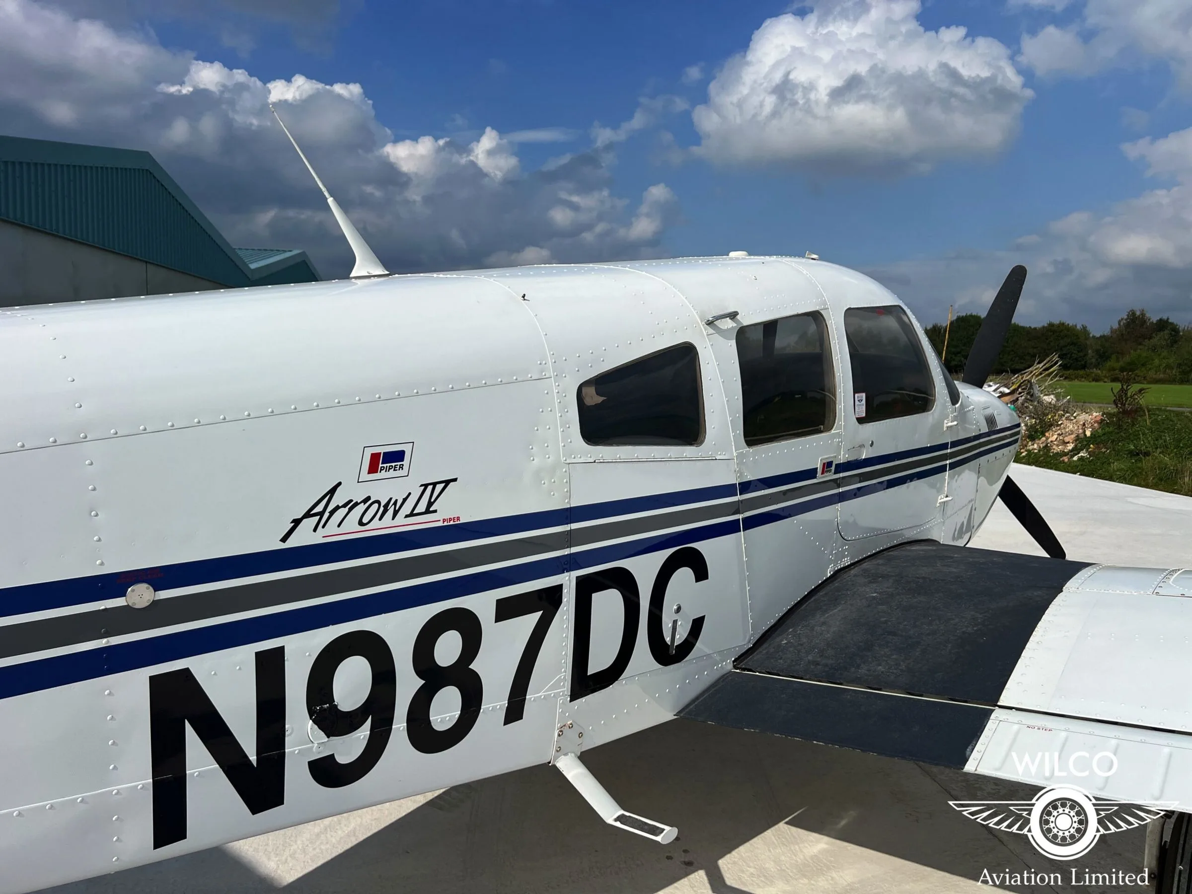 Exterior view of a 1980 Piper PA-28RT-201T Turbo Arrow IV.