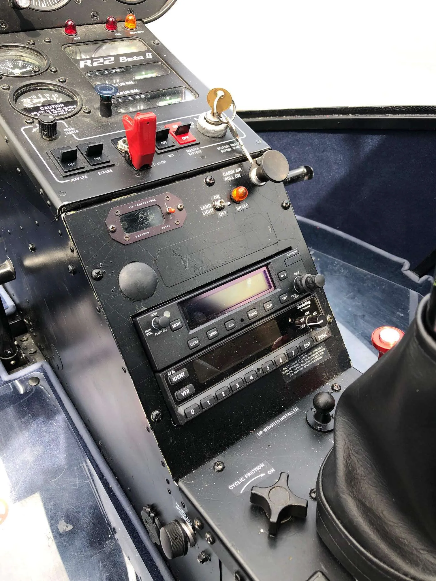Cockpit and instrument panel of a 1997 Robinson R22 Beta II.