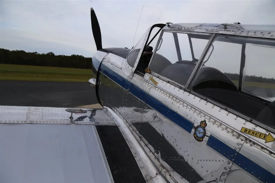 Exterior view of a 1951 de Havilland DHC-1, VH-DBS.