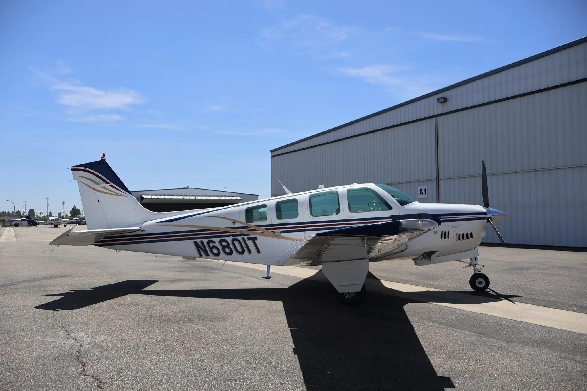 Exterior view of a 1984 BEECHCRAFT B36TC BONANZA, N6801T.