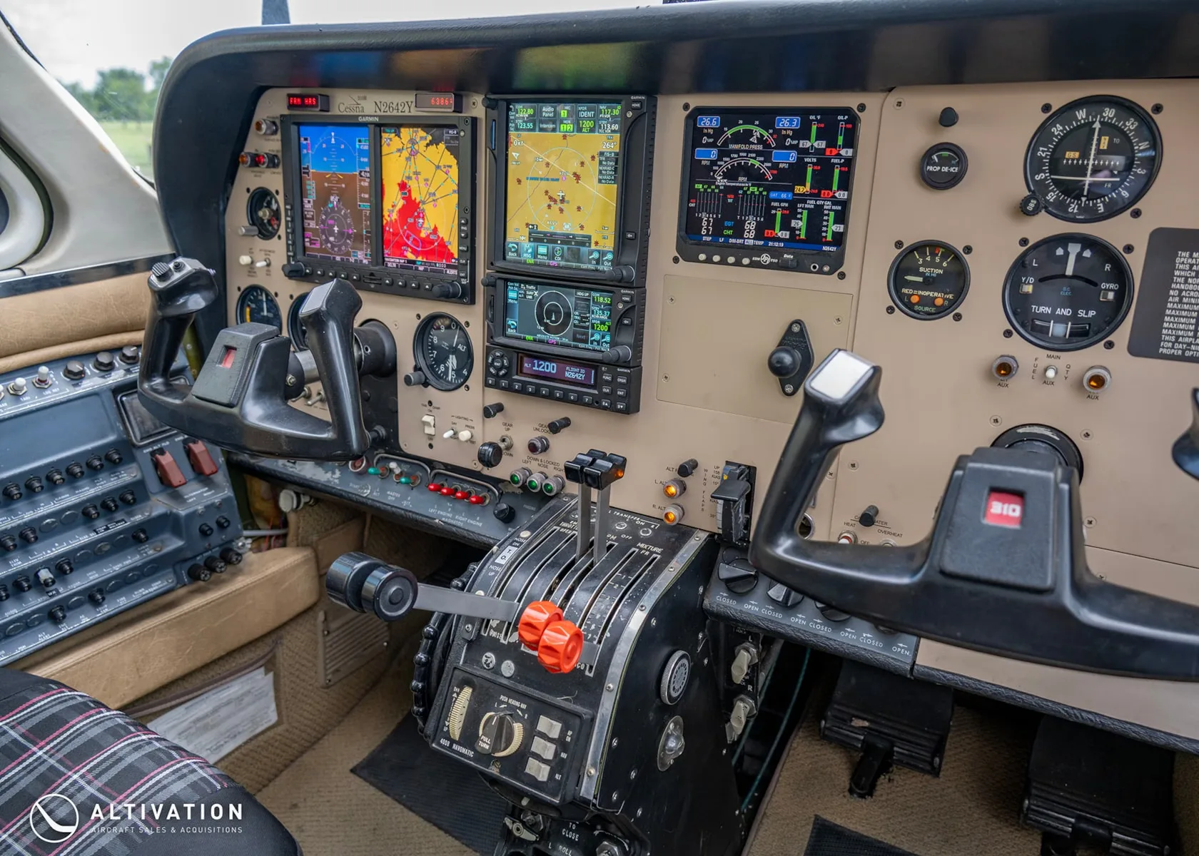 Cockpit and instrument panel of a 1979 Cessna T310R.