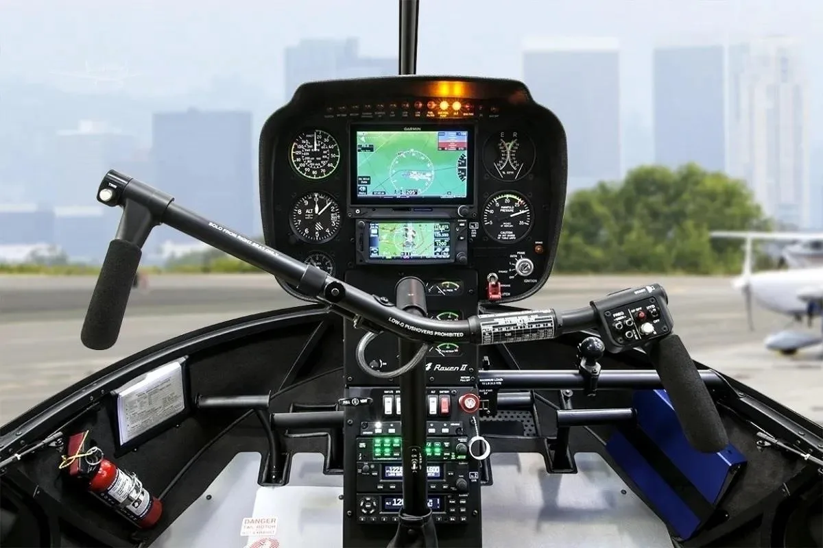 Cockpit and instrument panel of a 2026 ROBINSON R44 CLIPPER II.