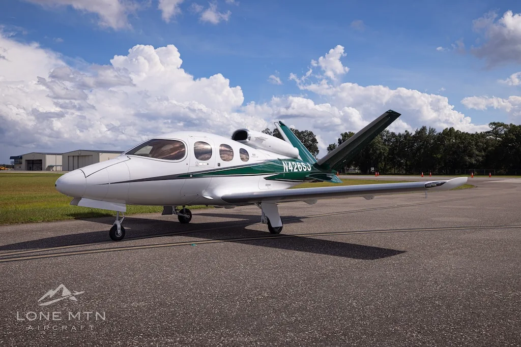 Exterior view of a 2019 Cirrus SF50 G2+ Vision Jet, N426SJ.