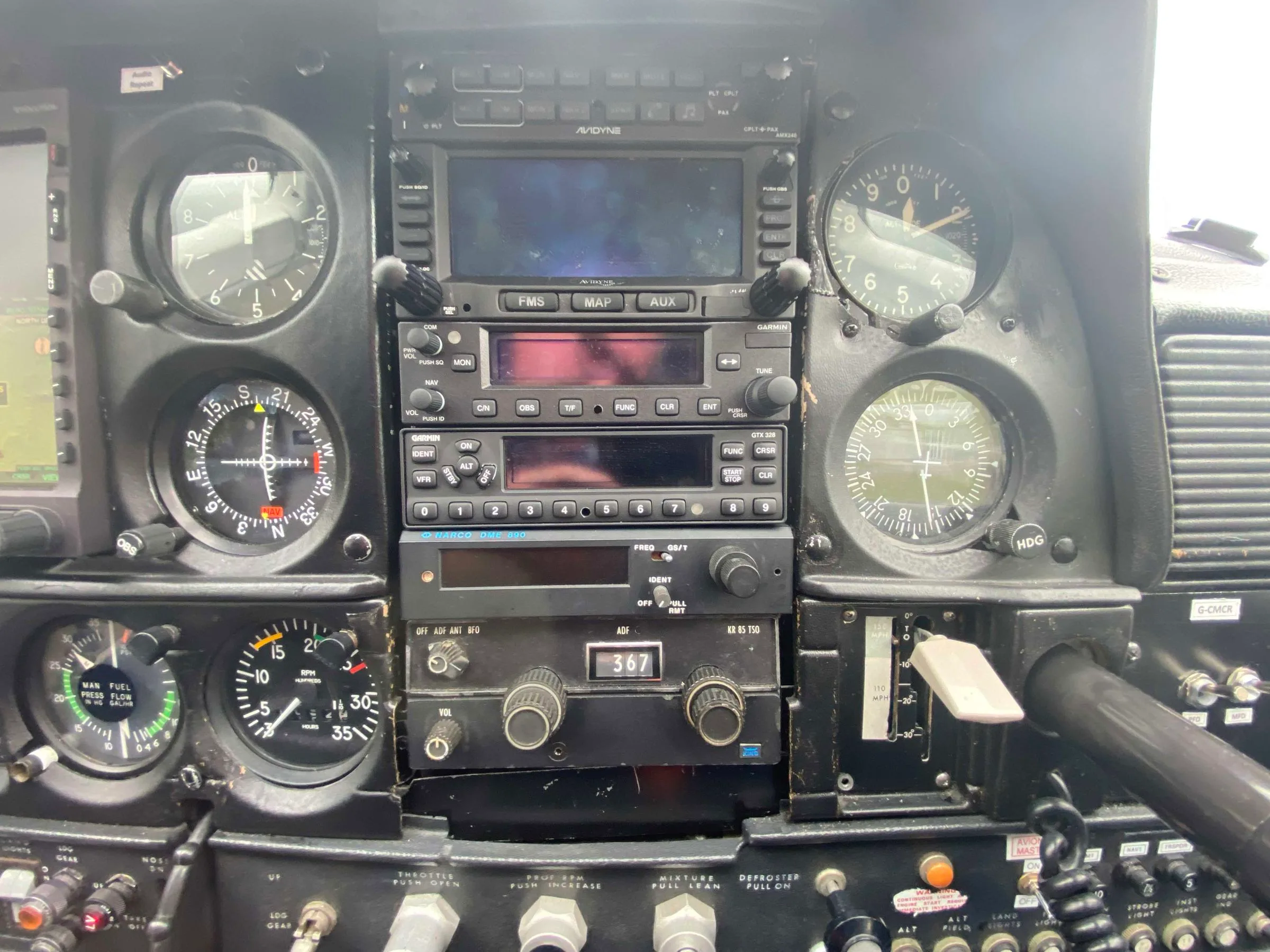 Cockpit and instrument panel of a 1971 Cessna F177RG Cardinal.