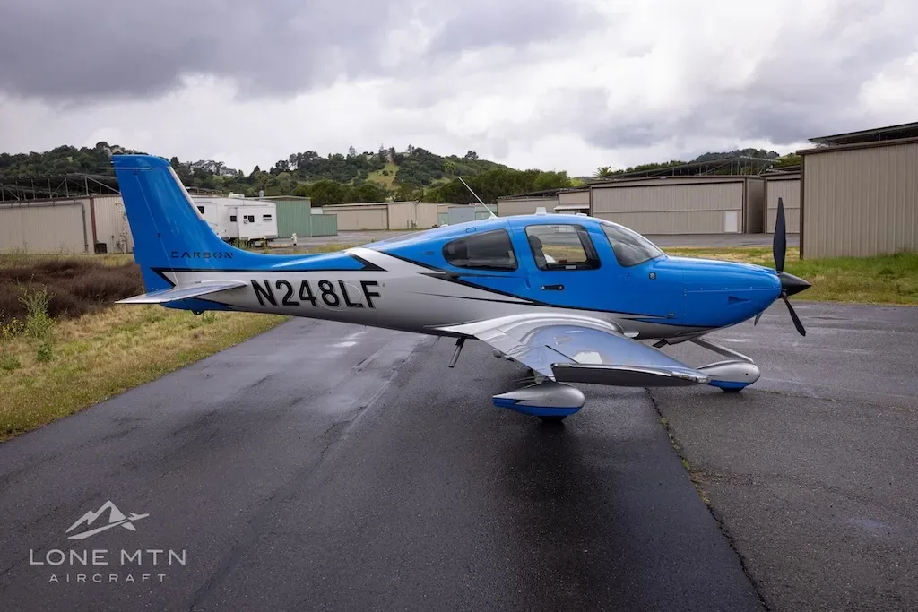 Exterior view of a 2020 Cirrus SR22T, N248LF.