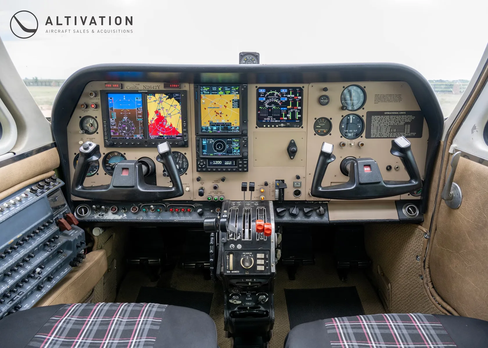 Cockpit and instrument panel of a 1979 Cessna T310R.