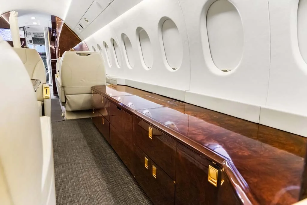 Cabin interior of a 1990 Dassault Falcon.