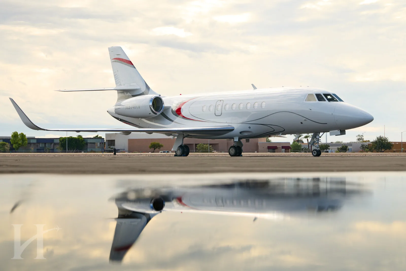 Exterior view of a 2020 Dassault Falcon 2000S, N374RV.