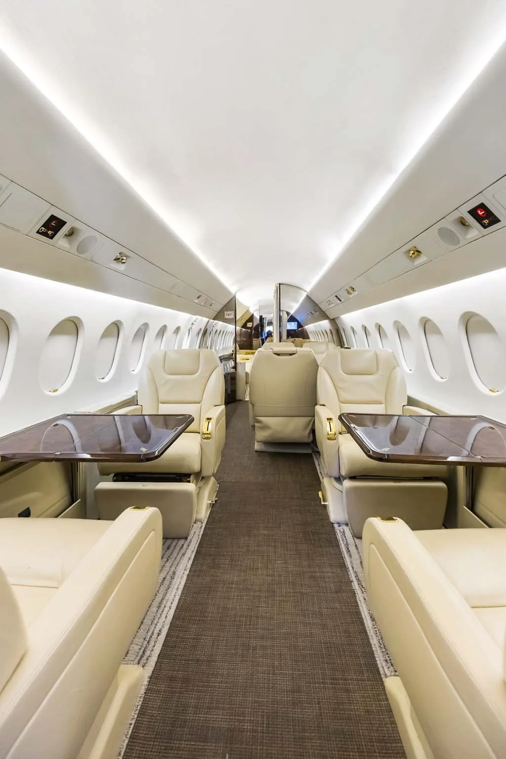 Cabin interior of a 1990 Dassault Falcon.